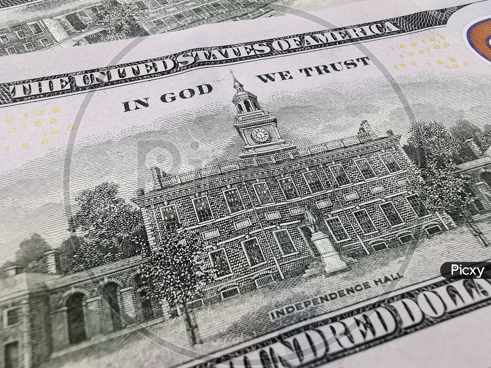 Independence Hall on US 100 Dollar Currency Notes Or Dollar Bills Closeup Shot