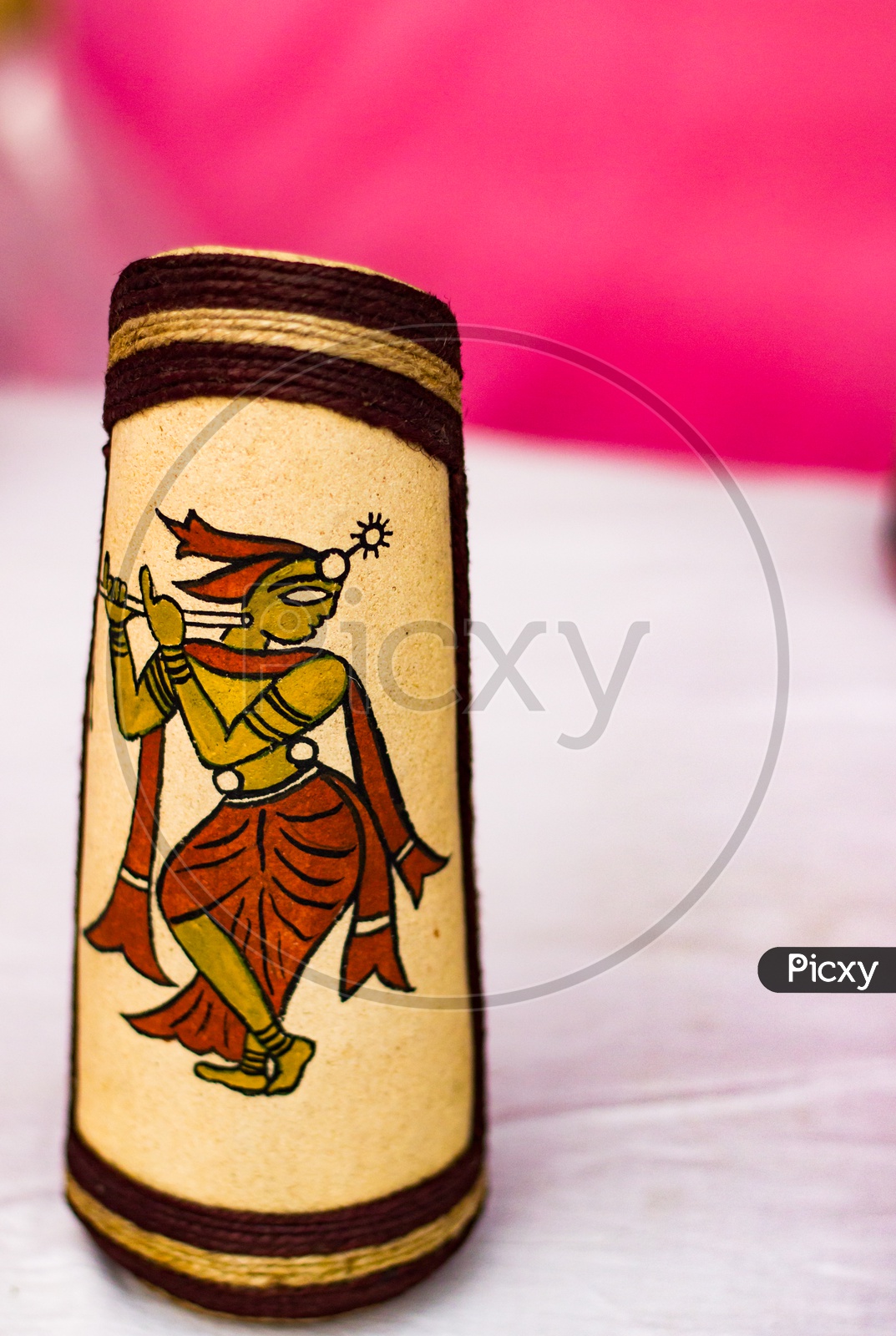 Colourful Figure Of Lord Krishna Drawn On A Vase. Indian God Mythology
