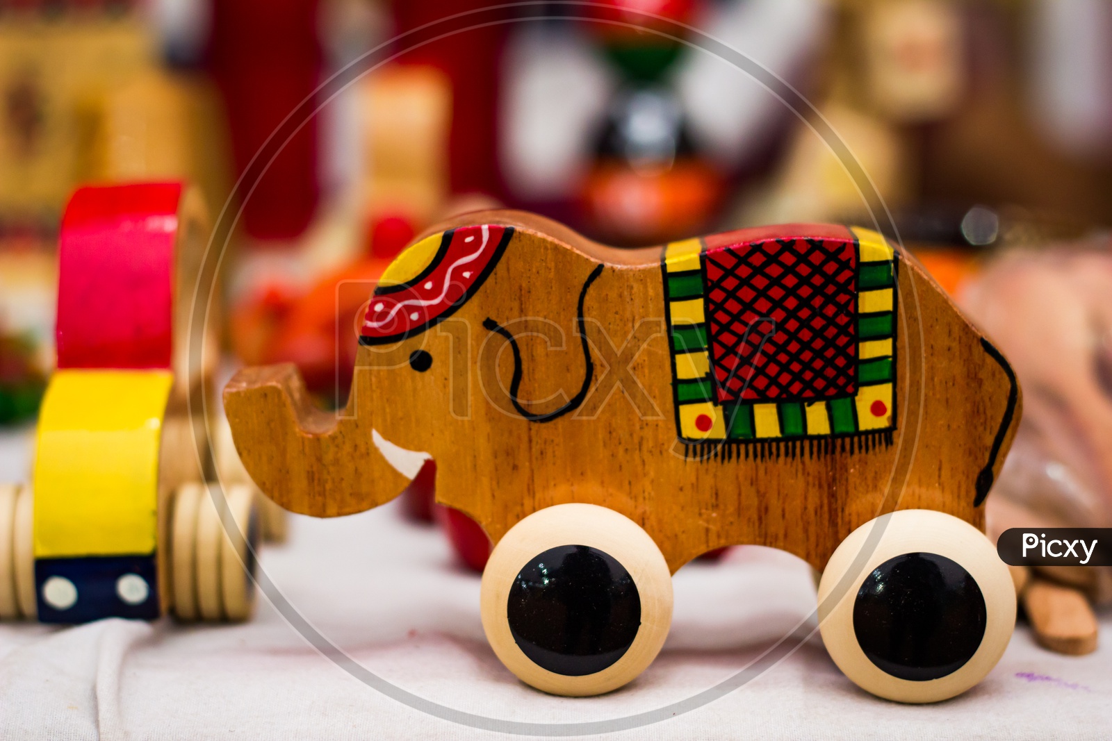 Vintage Colourful Old Wooden Elephant Toy On Wheels
