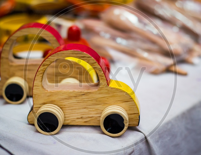 Colourful Wooden Car Vintage Toy To Be Dragged By Thread.