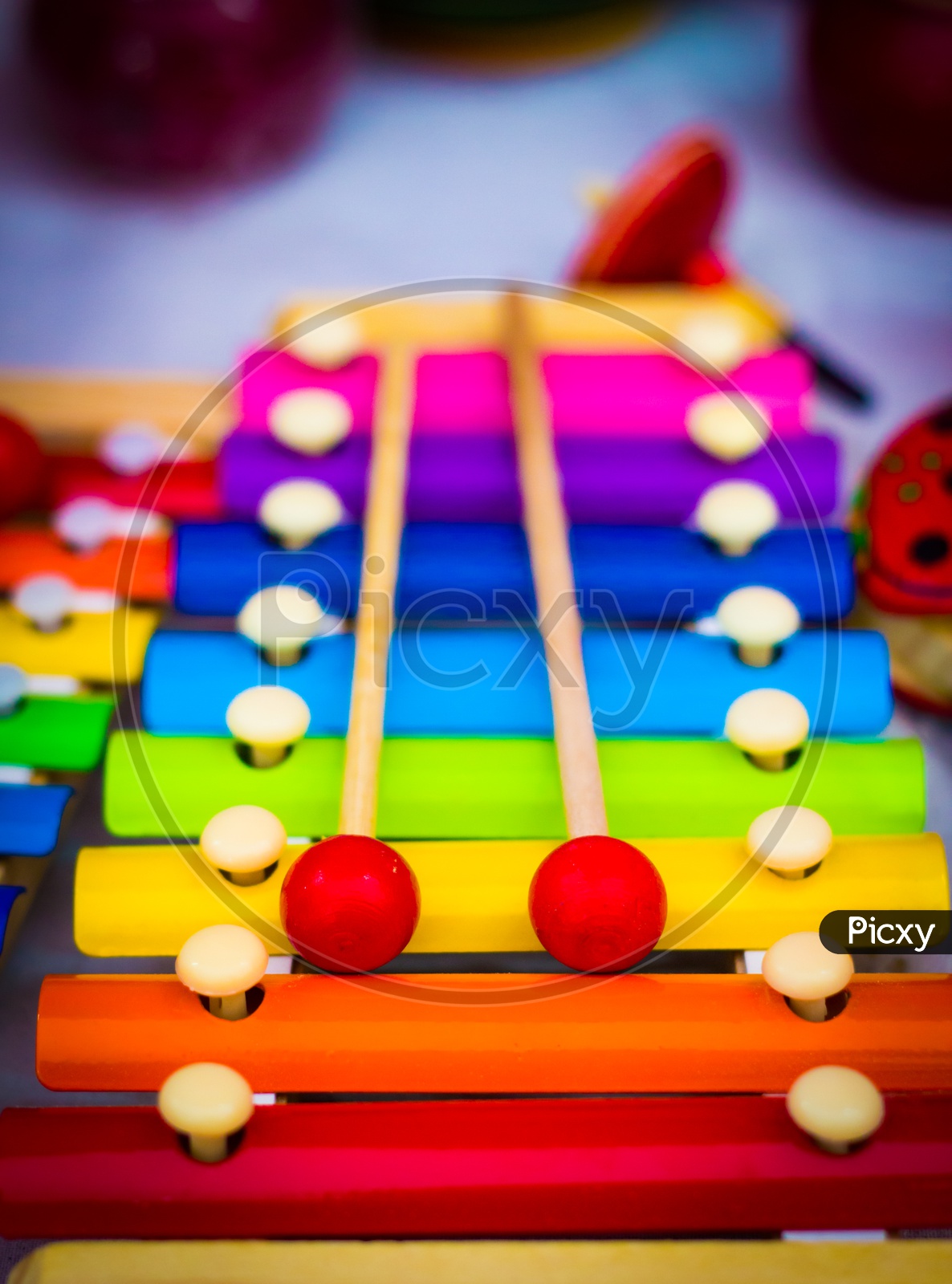 Colorful Rainbow Colored Wooden Xylophone Shot In Shallow Depth If Field