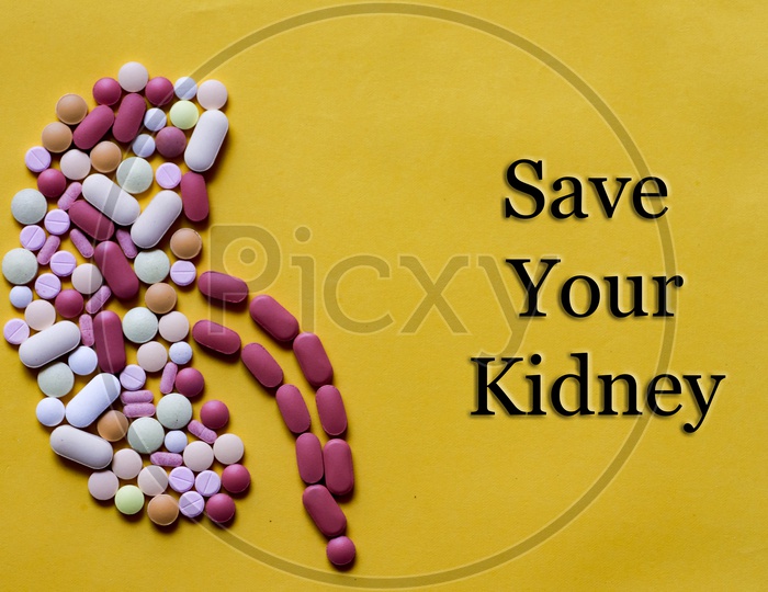 Medicine Pills Tablets Capsules In Shape Of Human Kidney In Yellow Background With Space For Text