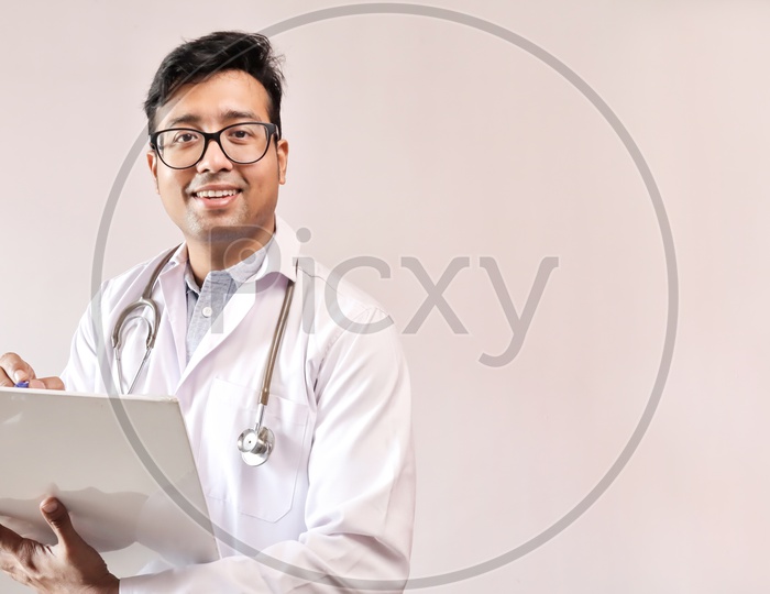 Male Indian Doctor In White Coat And Stethoscope Writing Notes And Prescribing Medicine