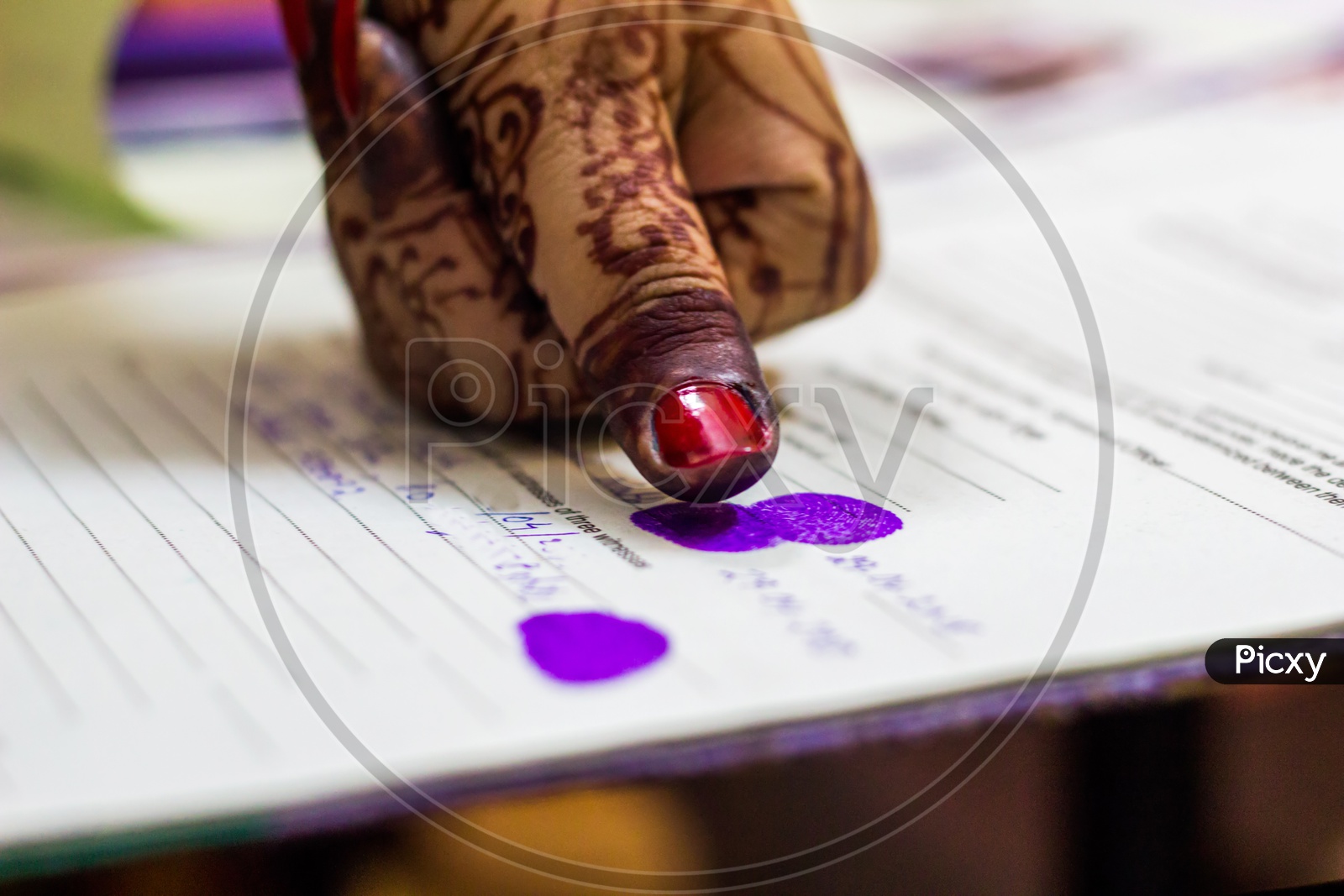 Lady Giving Thumb Impression On Marriage Registry Certificate. Indian Matrimony. Bengali Wedding