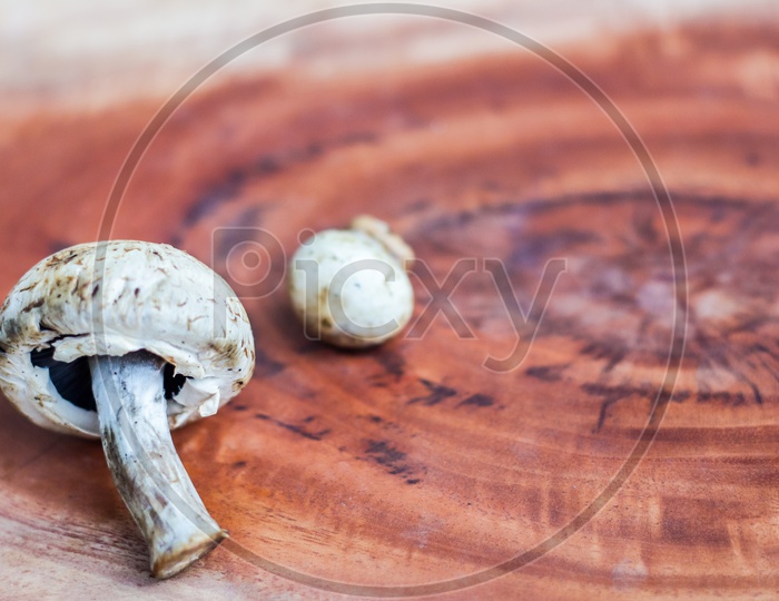 Mushroom On A Wooden Background With Space For Text