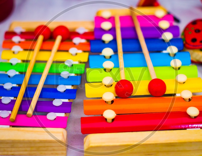 Colorful Rainbow Colored Wooden Xylophone Shot In Shallow Depth If Field