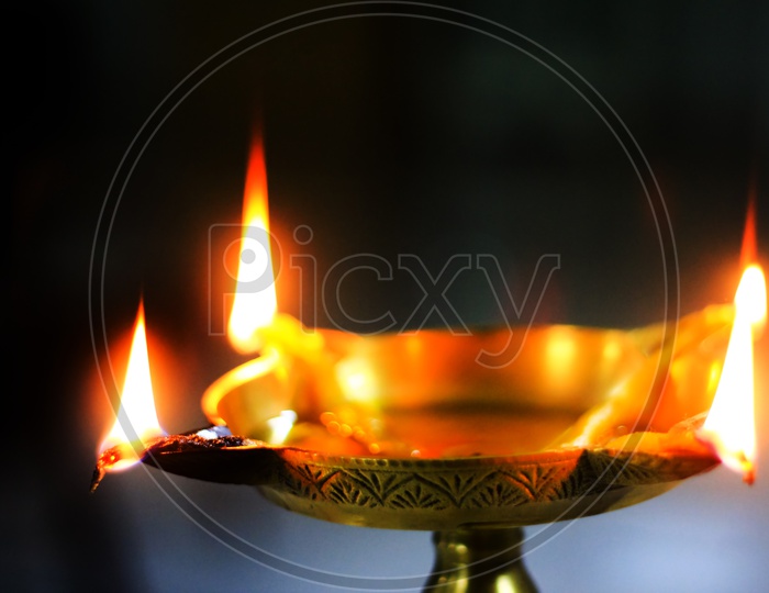Closeup View Of Oil Brass Lamp Diya For Holy Worship Puja