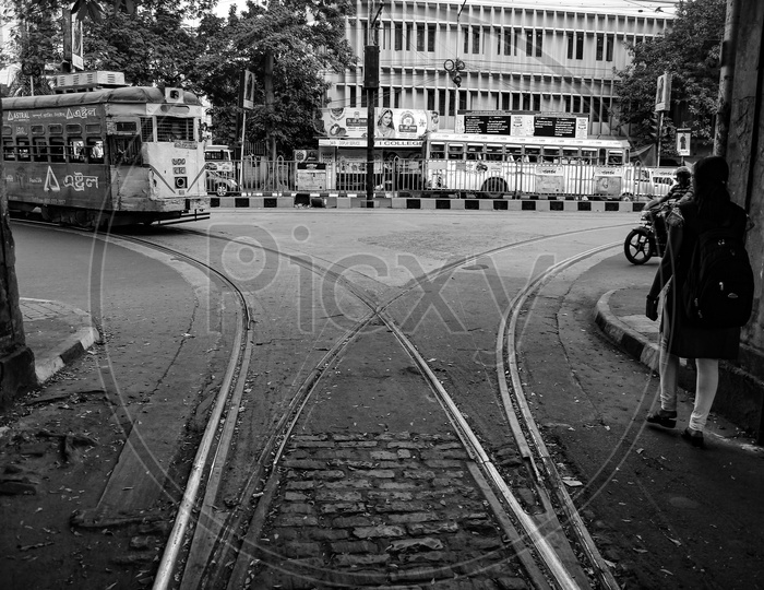 Tram Approaching In A Tram Track Junction Depot In Street Of Kolkata, Black And White, Kolkata, India, 2017