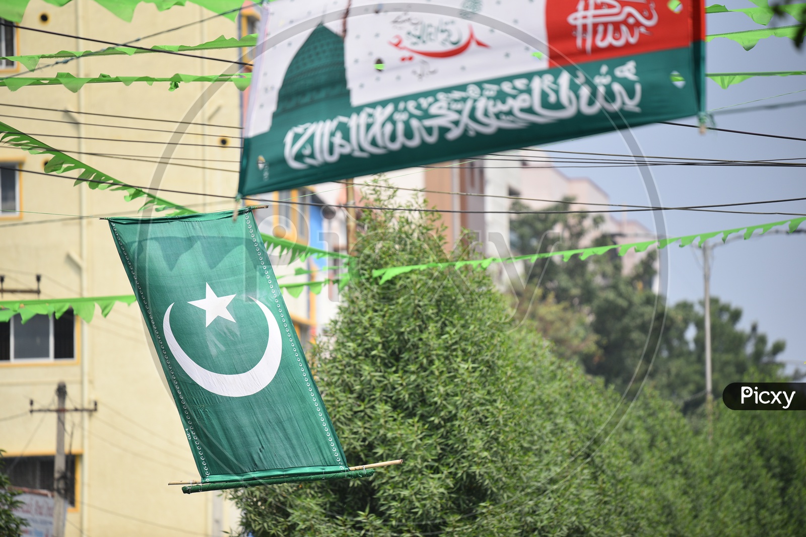 Islamic Flags on Streets of Hyderabad For Milad  Un Nabi Festival Celebrating Prophets Birthday