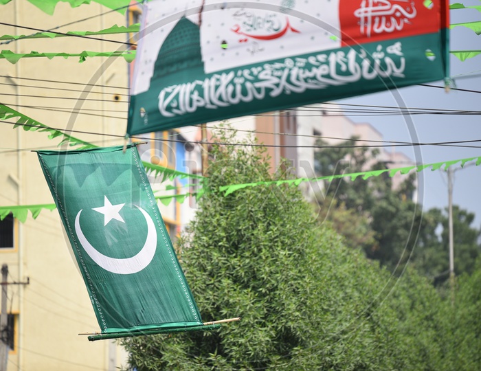 Islamic Flags on Streets of Hyderabad For Milad  Un Nabi Festival Celebrating Prophets Birthday