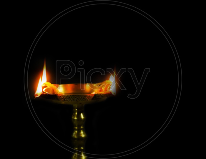 Closeup View Of Oil Brass Lamp Diya For Holy Worship Puja