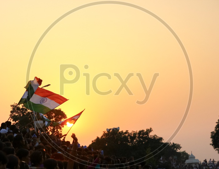 August 15,2018, Wagha Border, Amritsar, India. Indian Flag Waved By Crowd During Sunset At Wagha, India Pakistan Border At Amritsar India During Indian Independance Day 2018.