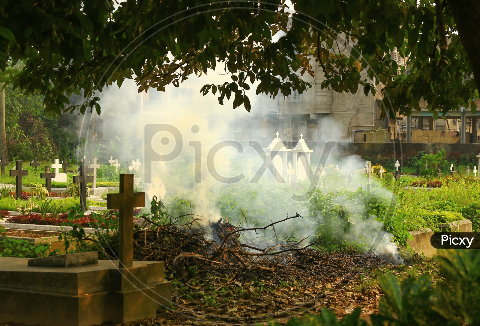 Cremation Scene Smoke In A Graveyard