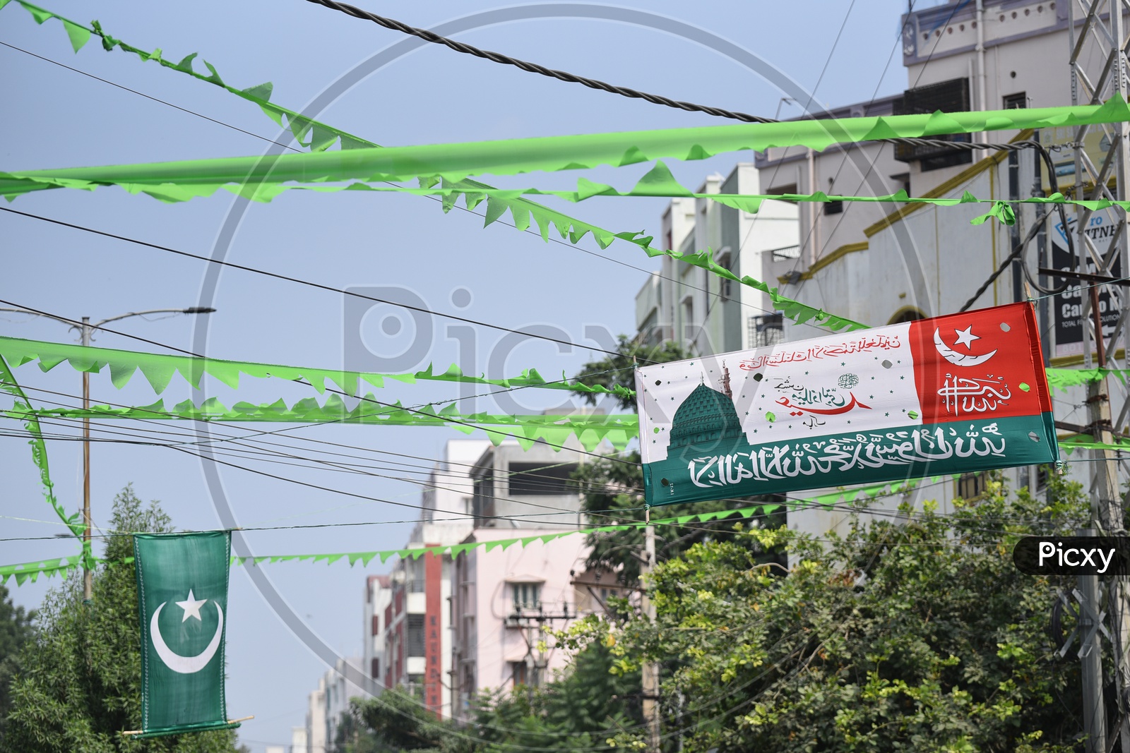Islamic Flags Tagged on Streets of Hyderabad For Milad Un Nabi Festival Celebrating Prophets Birthday