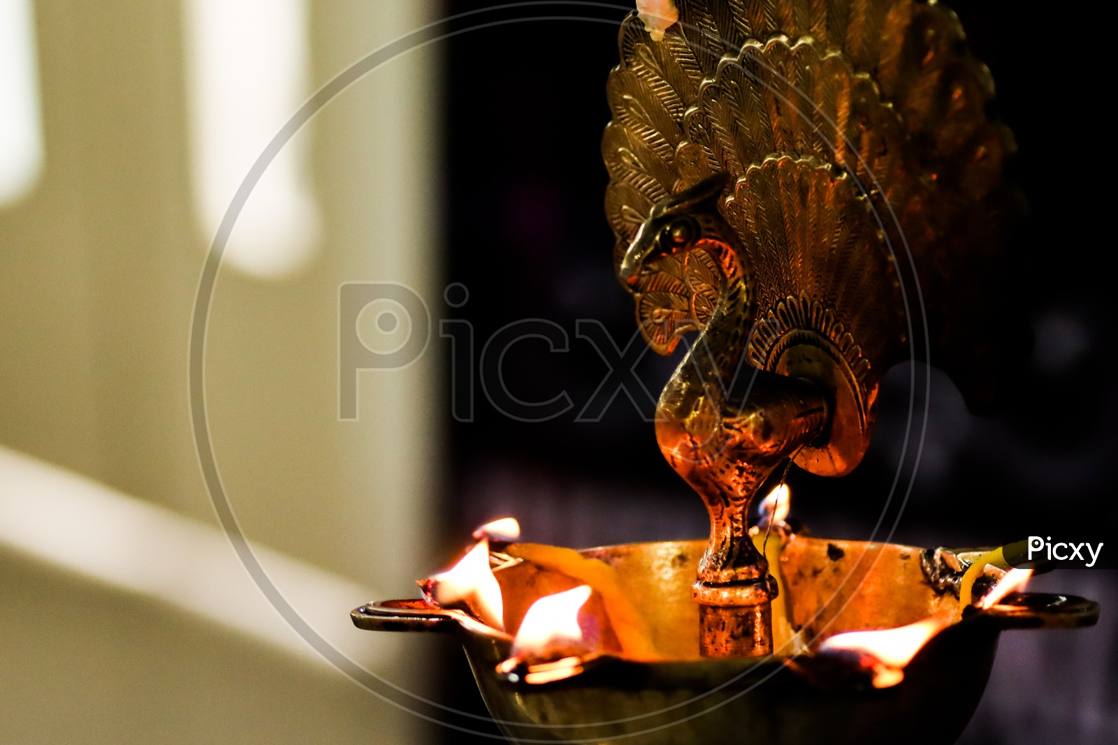 closeup view of oil brass lamp diya for holy worship puja