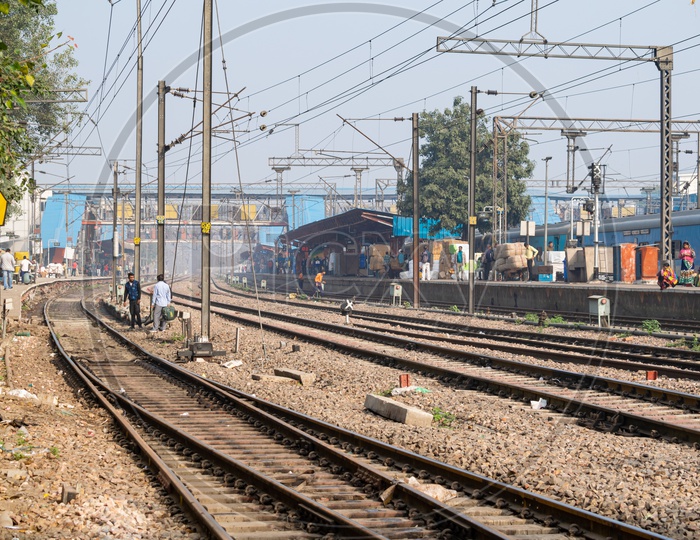 Indian Railway track and parcels and luggage on the platform