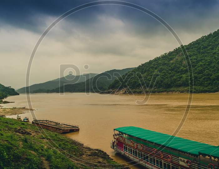Ferry Boats For  Tourists On Godavari River Channel Between Papi Hills in Godavari  District