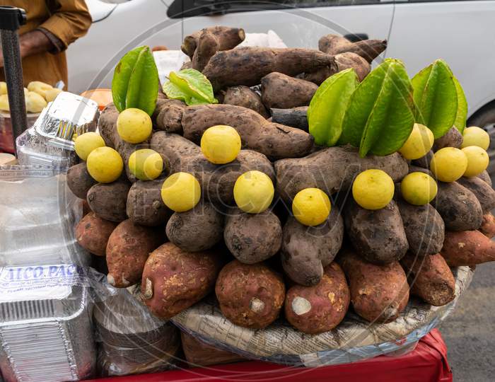 sweet potatoes or shakarakandee at a stall