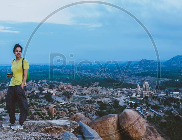 Landscape Of Rock Hills And Ancient Temple in Hampi