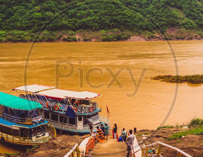Ferry Boats For  Tourists On Godavari River Channel Between Papi Hills in Godavari  District