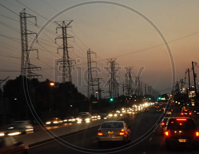Hi tension electricity lines alongside the highway