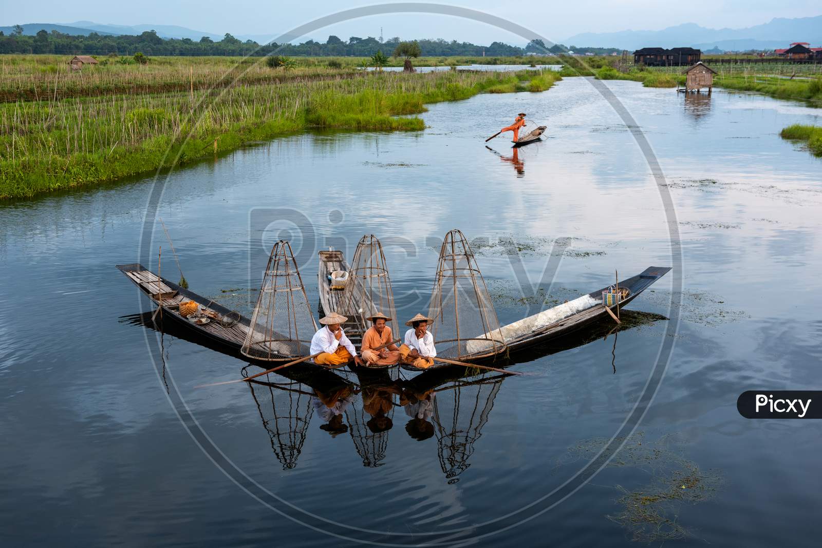 Intha Fishermen Working In The Morning. Location Of Inle Lake, Myanmar.
