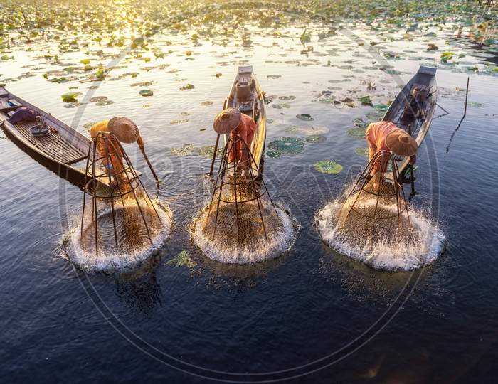 Intha Fishermen Working In The Morning. Location Of Inle Lake, Myanmar.