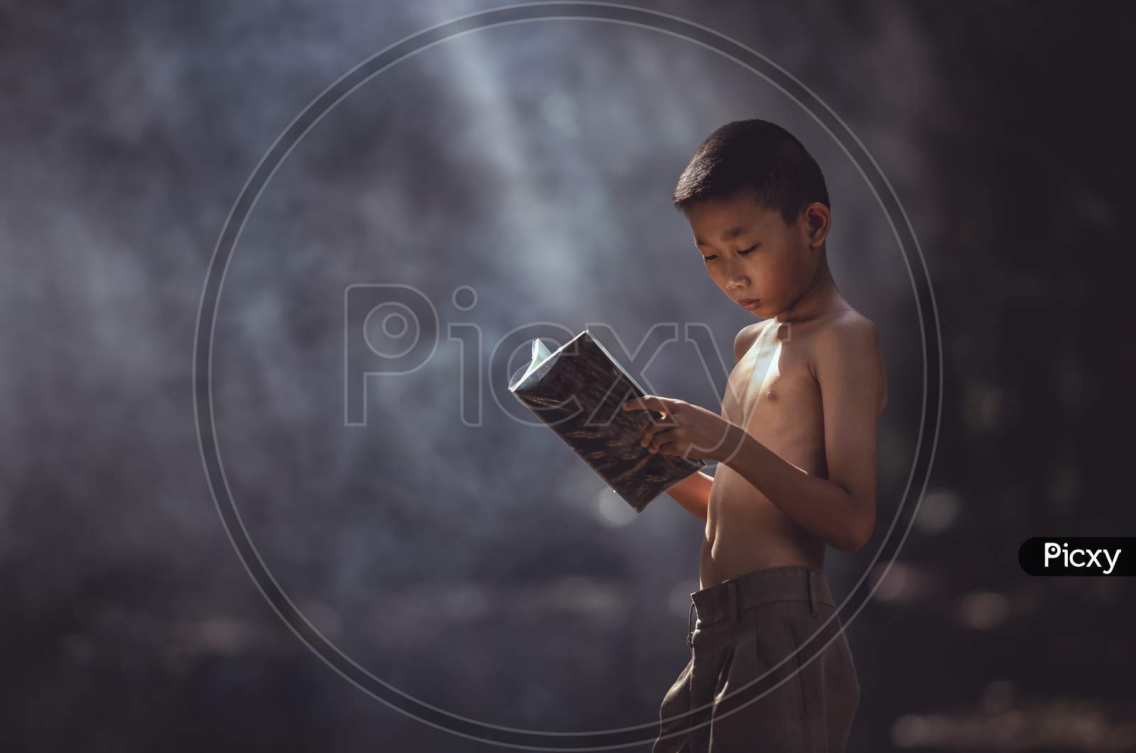 Little Asian Boy Reading A Book Outdoors In Rural Areas