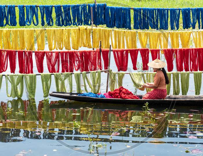Handcrafted Colorful Lotus Fabrics Made From Lotus Fibers In Inle Lake, Shan State In Myanmar. These Inle Handcrafted Lotus Fabrics Are Made Using Natural Dyes And Dried Under Sunlight. This Process Controls Fabric Shrinkage Before Sending The Fabrics Out As Finished Products In The Market.