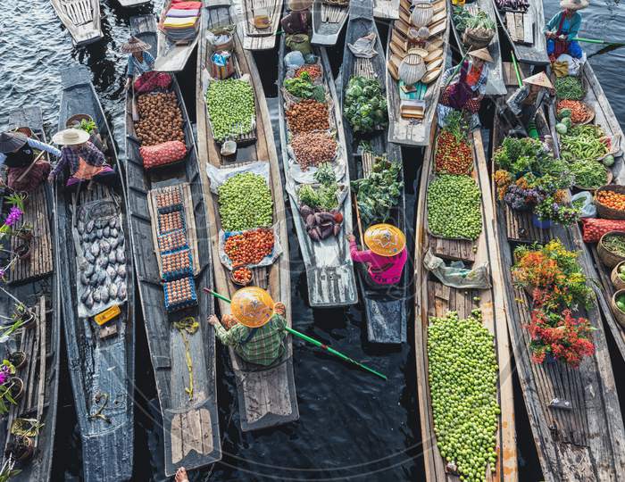 Shan State; Myanmar -September 22; 2019: Floating Market In The Morning At Inle Lake, Shan State, Myanmar