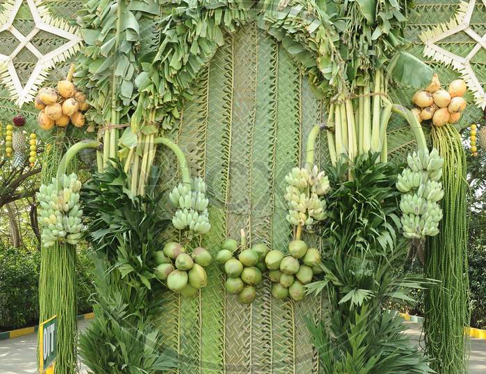 Wedding Hall Entrance Decoration With Green Coconut Leafs And Banana Leafs