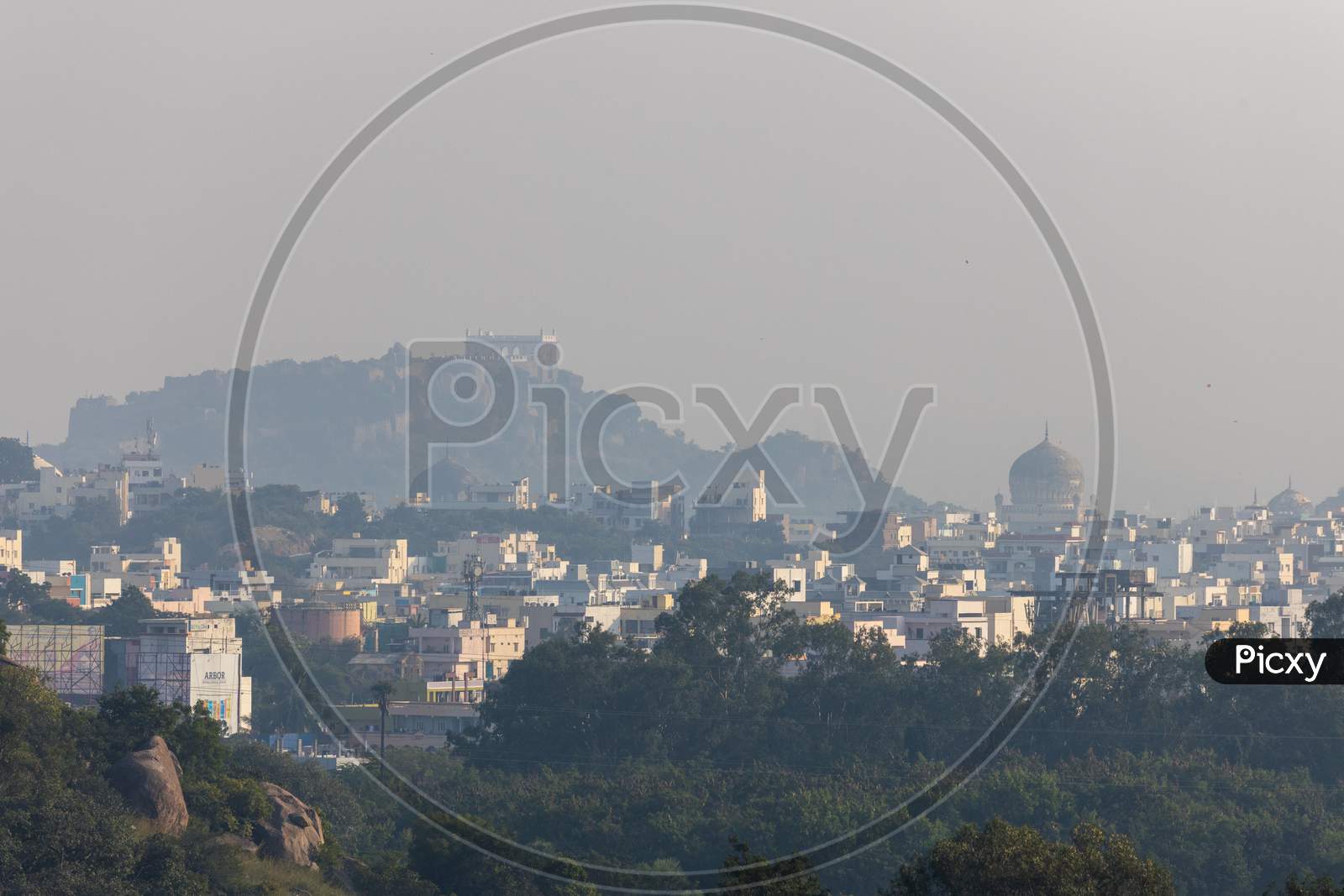 Hyderabad City Scape View From  Durgam Cheruvu With Qutub Shahi Tombs And Golconda Fort