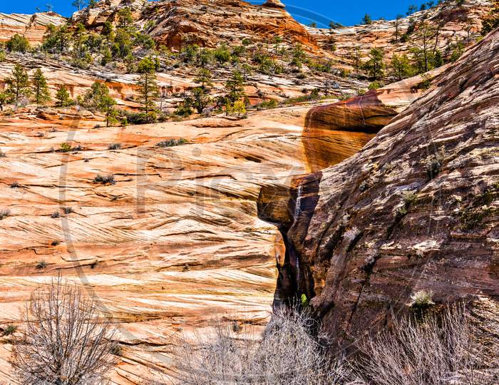 Rock Formations At Zion National Park Along Pine Creek