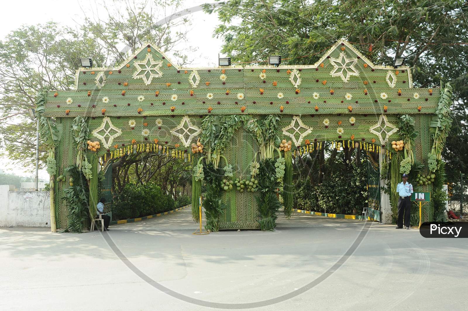Wedding Hall Entrance Decoration With Green Coconut Leafs And Banana Leafs