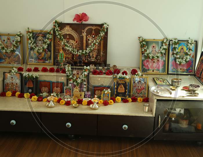 Hindu God Photo Frames in an  House Pooja  Room