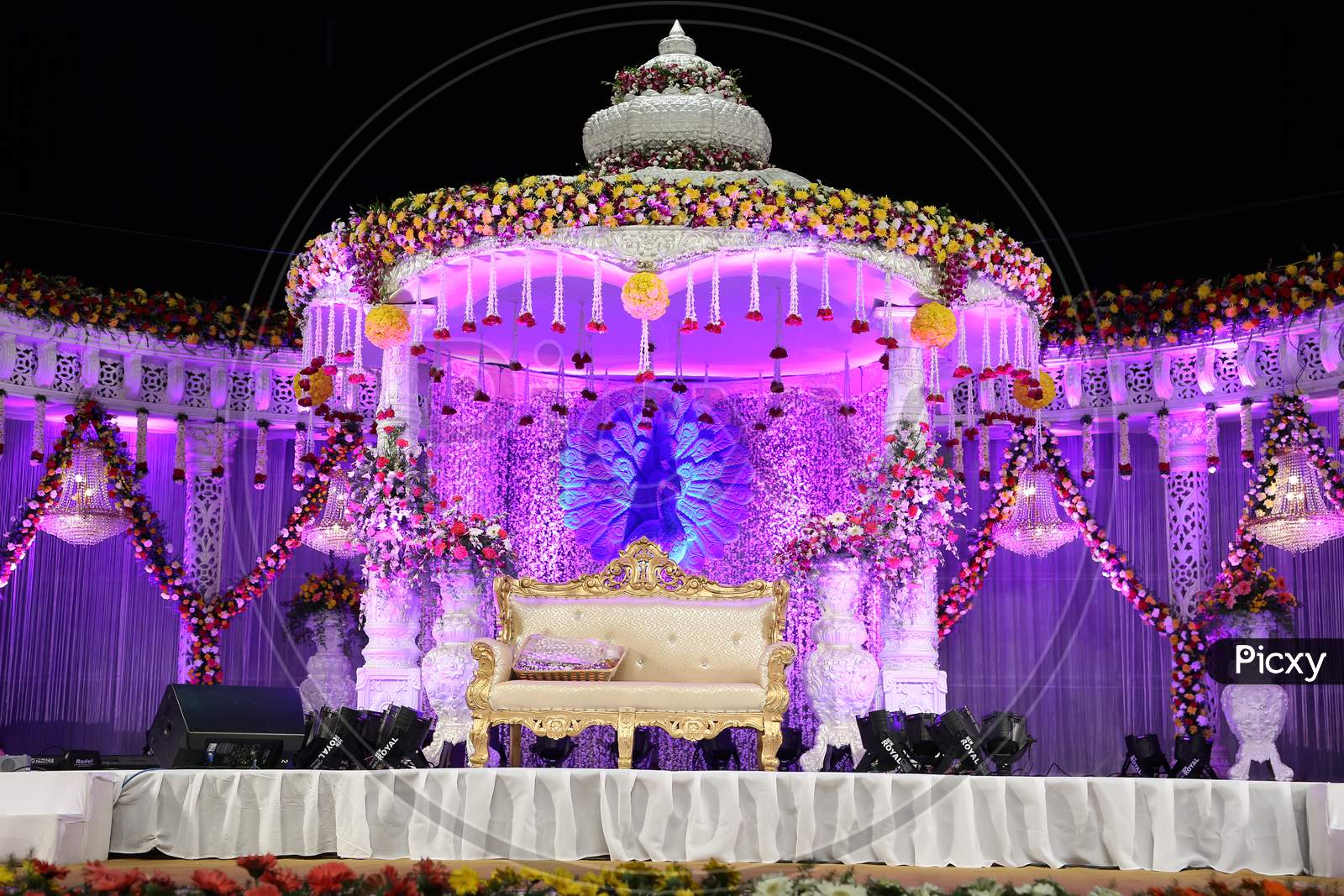 Wedding Reception Decorated Stages with Flowers And Neon Lights