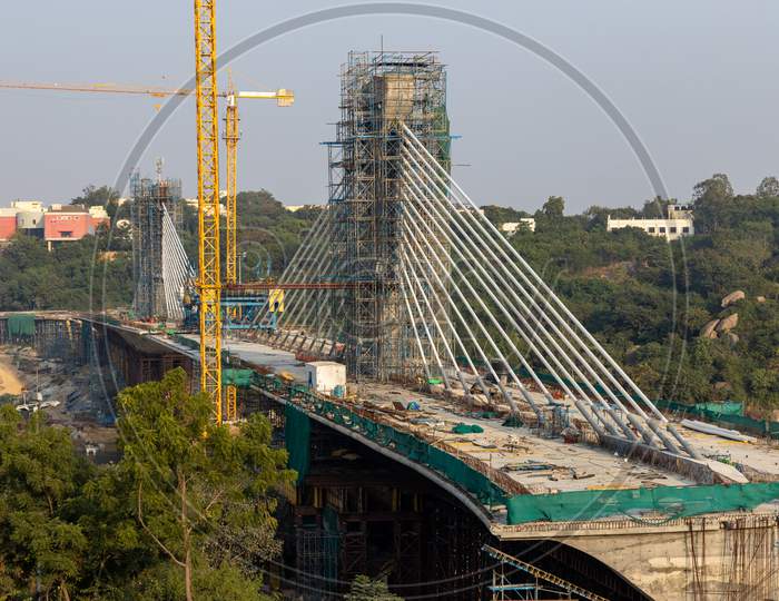 Under Construction Cable Suspension Bridge Across Durgam Cheruvu