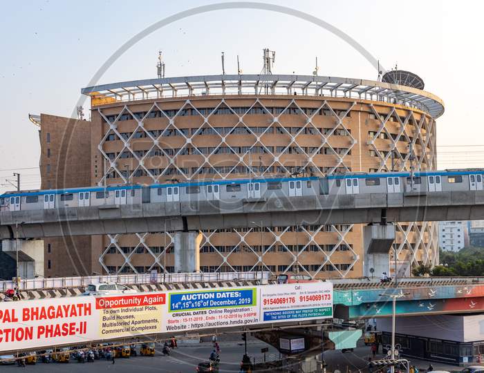 Hyderabad Metro Train Passing At Cyber Towers