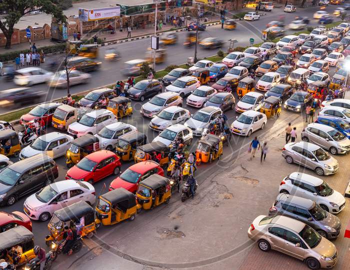 Aerial View Of Commuting Vehicles Stoped at Traffic Signal in Hyderabad City