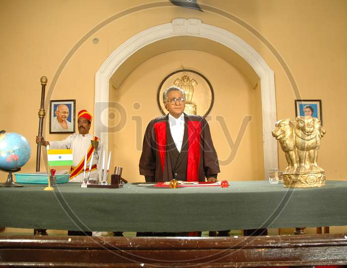 Tollywood Character Artist Mannava Balayya As Judge In a Court Room In Movie Working Stills