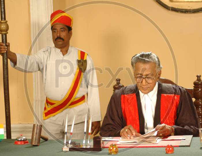 Tollywood Character Artist Mannava Balayya As Judge In a Court Room In Movie Working Stills