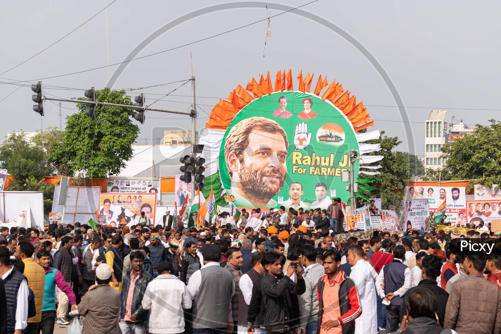 photos of Rahul Gandhi in a Poster during 'Bharat Bachao' rally by Congress in Delhi to highlight Modi govt failures