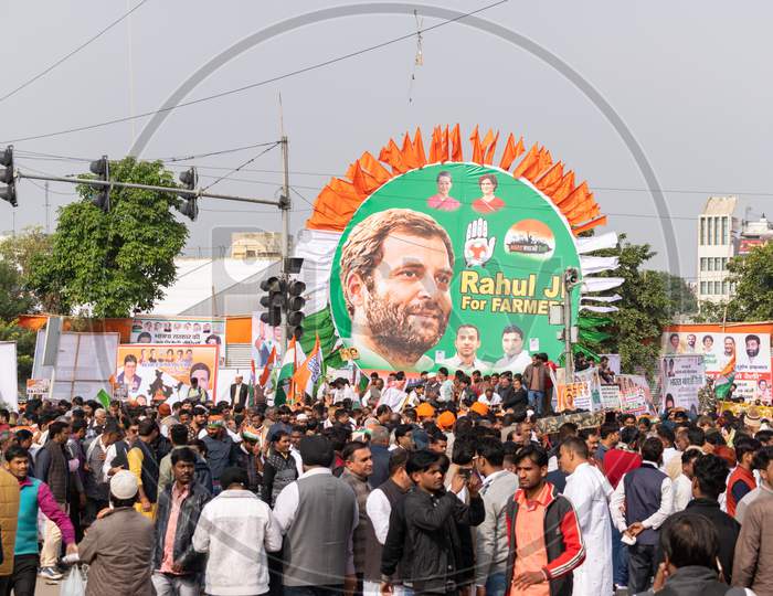 photos of Rahul Gandhi in a Poster during 'Bharat Bachao' rally by Congress in Delhi to highlight Modi govt failures
