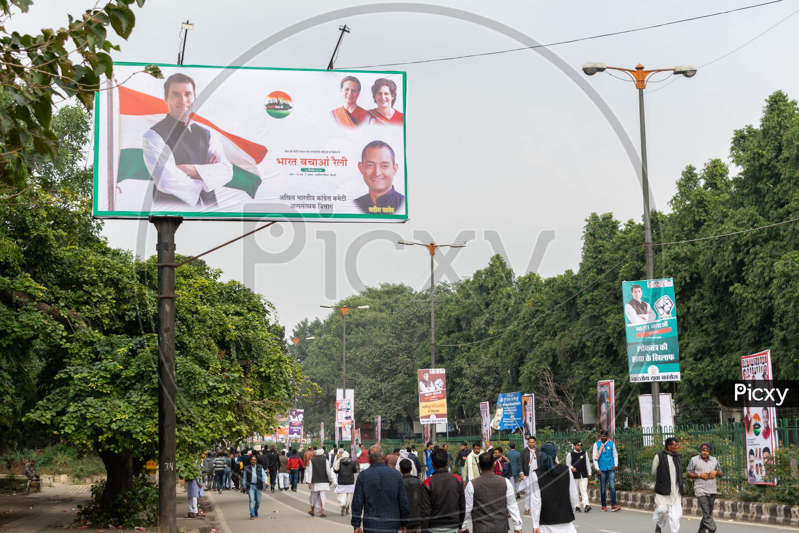 Rahul Gandhi photo in a Banner for 'Bharat Bachao' rally by Congress in Delhi to highlight Modi govt failures and people participating in rally
