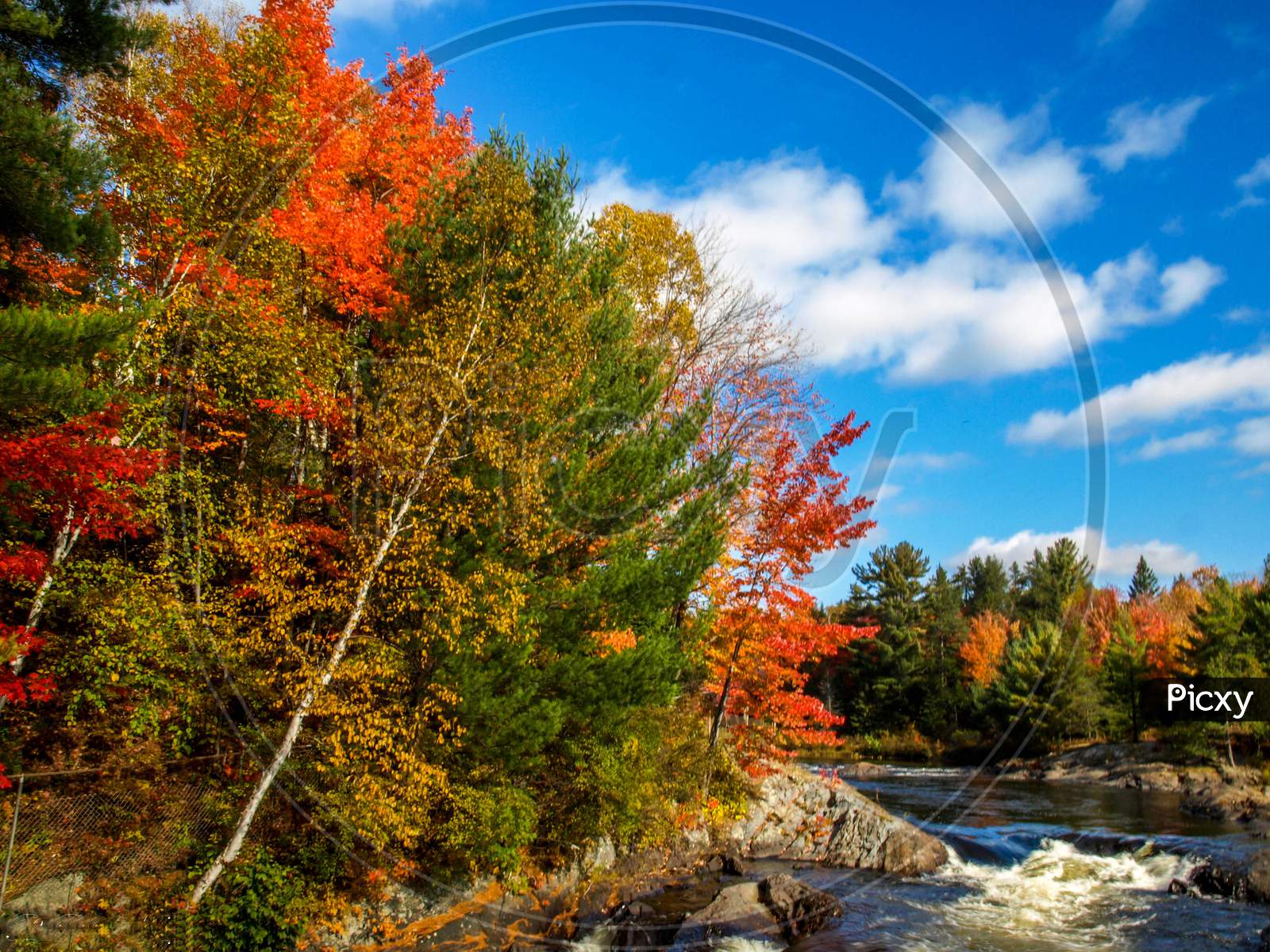 Only the colorful trees, river, clouds and blue sky - Chutes Prov Park, ON, Canada