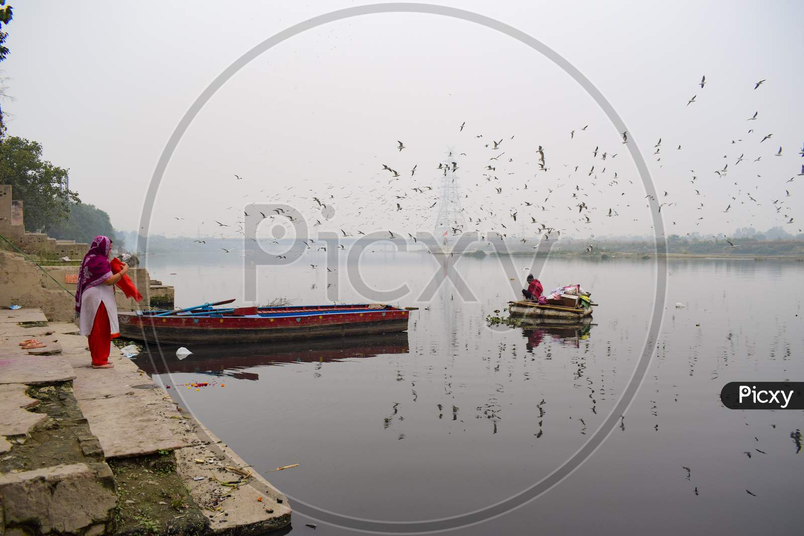 A man rowing a boat, A woman immersing flowers in Yamuna, Migratory birds flying around and a boat at Yamuna Ghat