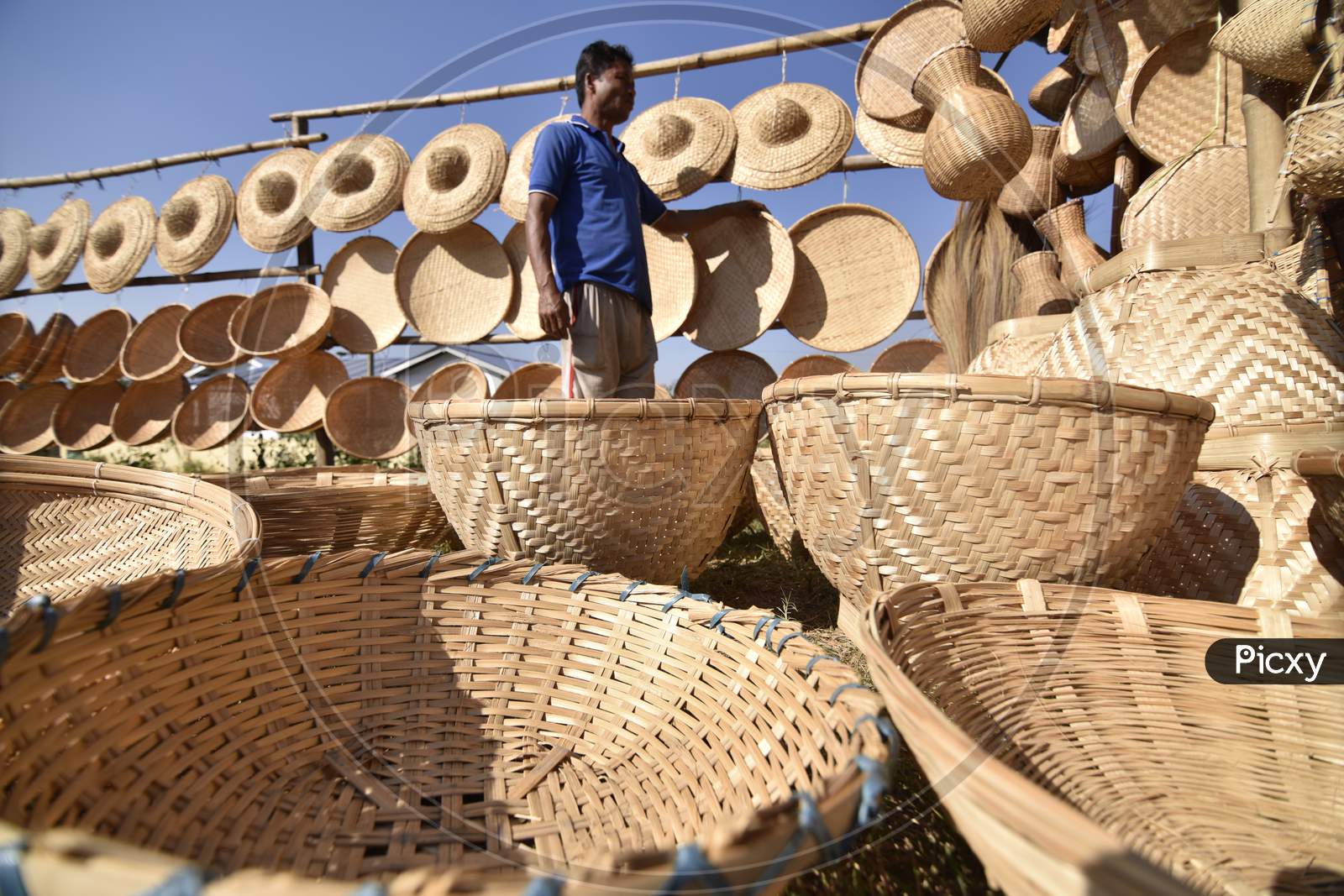 Bamboo Woven Hats And Baskets For Tea Leaf Harvesting Workers Which Is Commonly Known As Bamboo Crafts in Assam