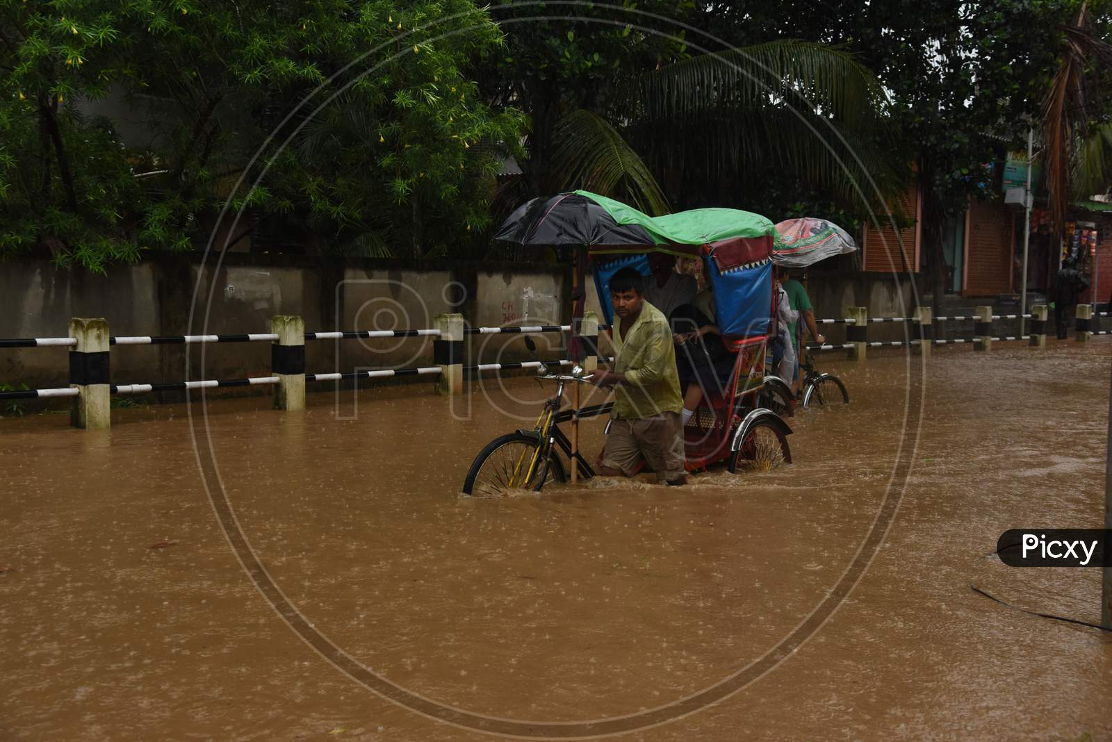 A Rickshaw Puller On The Flooded Roads Of Guwhati During Seasonal Floods in Guwahati City , Assam June 13 2017