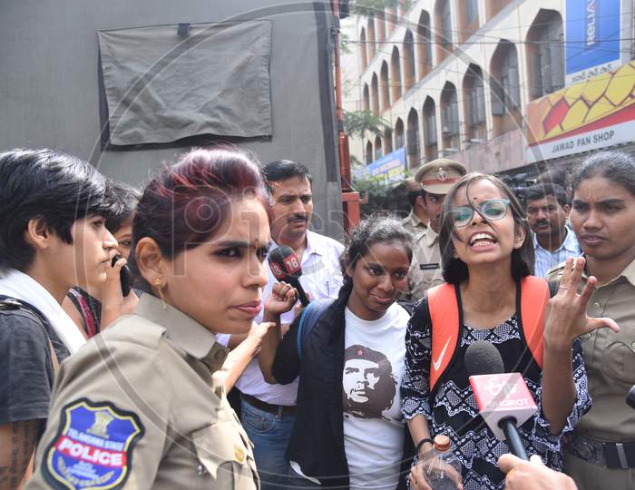 a woman Protester against Citizenship Amendmend Act being detained in vehicles by Hyderabad Police at Exhibition Grounds on 19,December 2019.