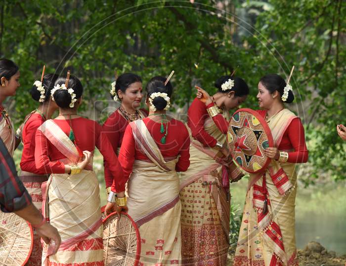 Bihu Dancers , A Traditional Indigenous  Group Folk Dance Form In Assam State  During Performance